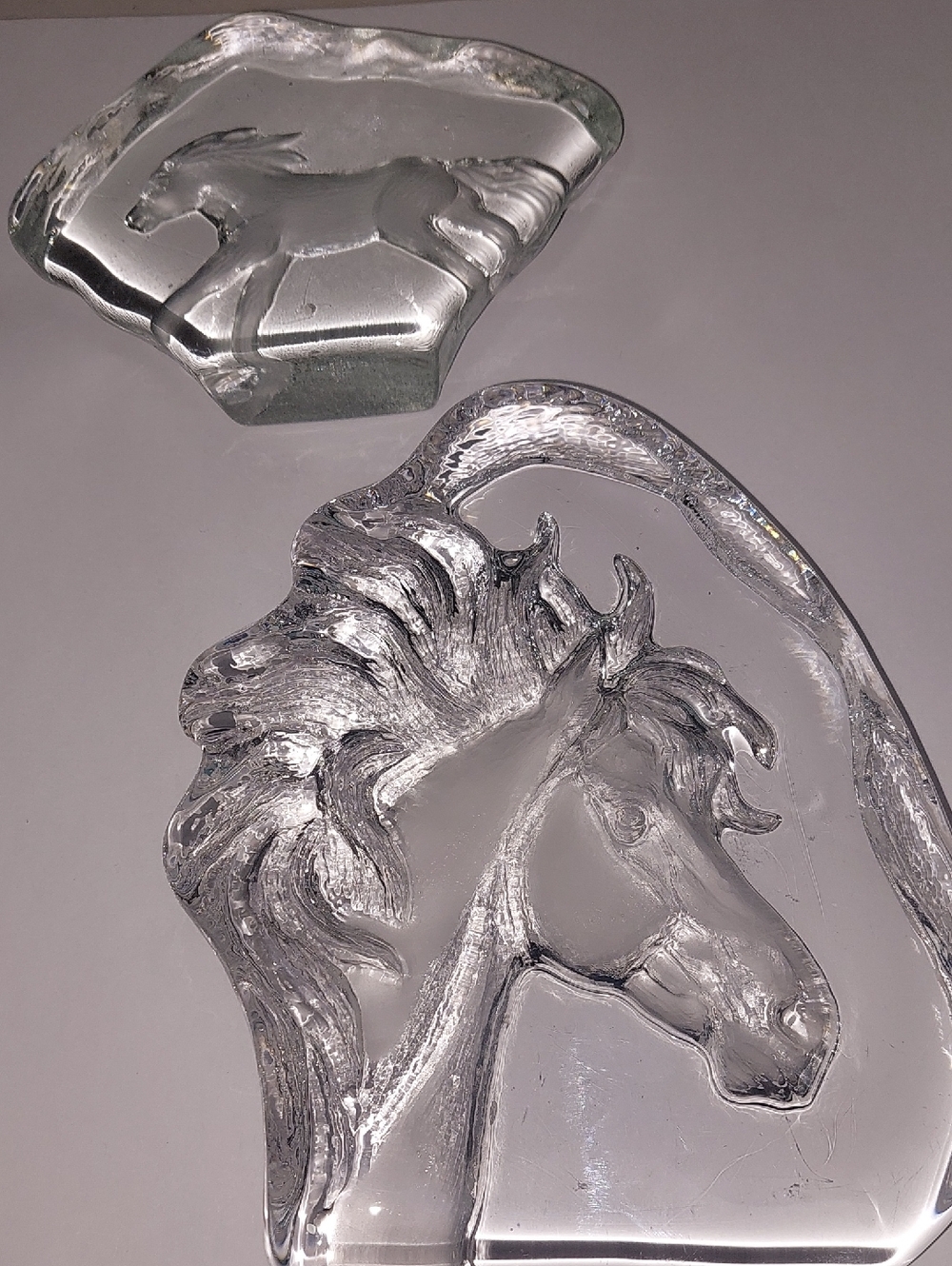 Small Clear Glass Horse Sculpture And The 2nd One The Horses Head Is Crystal .